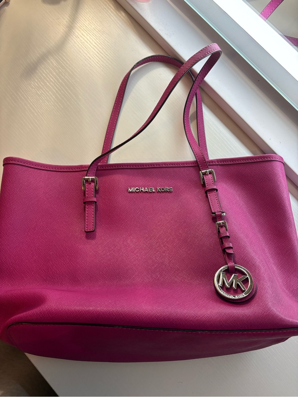 MICHAEL KORS Fuchsia Saffiano Leather Tote with MK Charm